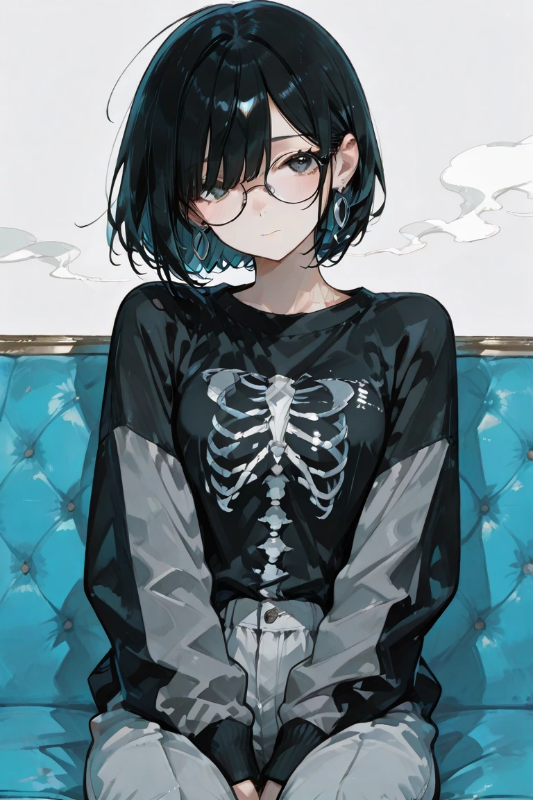 (extremely detailed fine touch:1.3), girl, solo, electric shock, x-ray art, wide-eyed, rolling eyes, open mouth, surprised expression, torn shirt, torn shorts, short sleeves, short hair, blunt bangs, (((under-rimmed glasses:1.3))), (headphones:1.3), double exposure bone body, skeleton body, Lightning storm in the background, night,