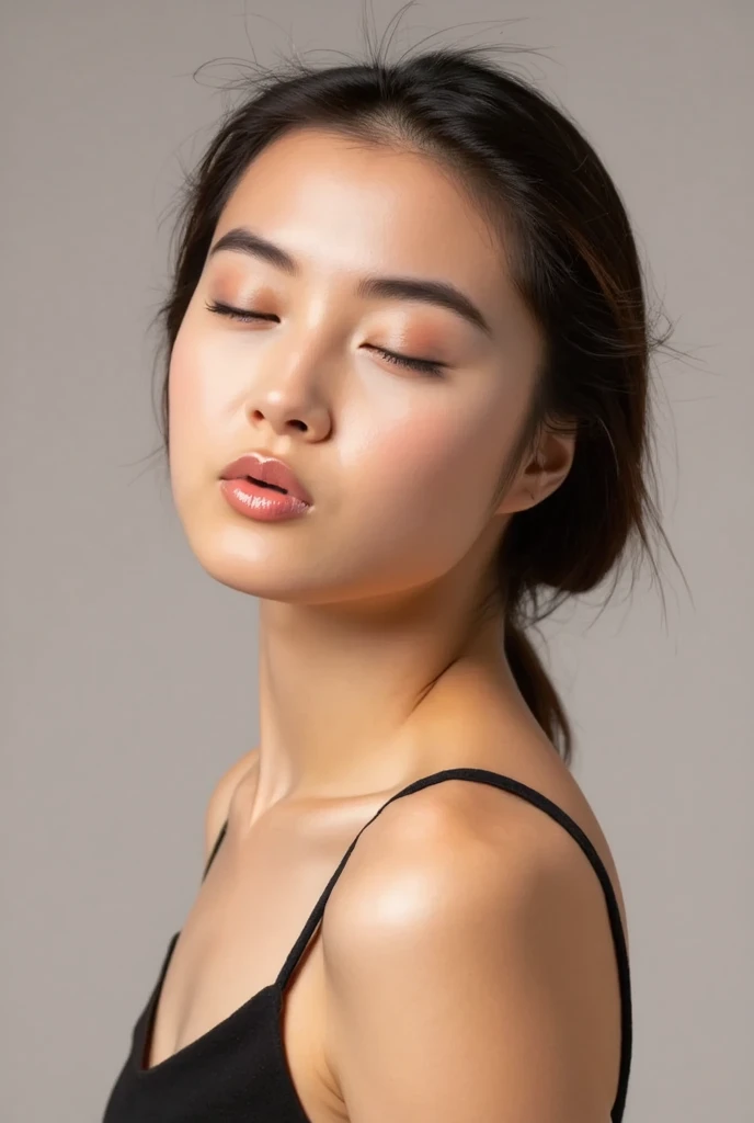 High resolution, High level image quality, high detail, masterpiece, rough skin, anatomically correct, sharp, gray background((japanese mature, 28 years old)), alone, ((close your eyes and open your mouth))、(Strong orgasm)、facial wrinkles, good shape medium ibreasts, Short bob light brown hair that reaches to the shoulders, slim body shape (((stand upright, facing the center of the screen.))), Close your mouth and look straight ahead with a serious face, ((cowboy shot)),I'Looking for record of objection.、((Raise your arms and show me your armpits))、((Strong orgasm))wrinkles between eyebrows、turtleneck sleeveless knit、((skin shining with sweat、Arms glistening with sweat、face shining with sweat,))