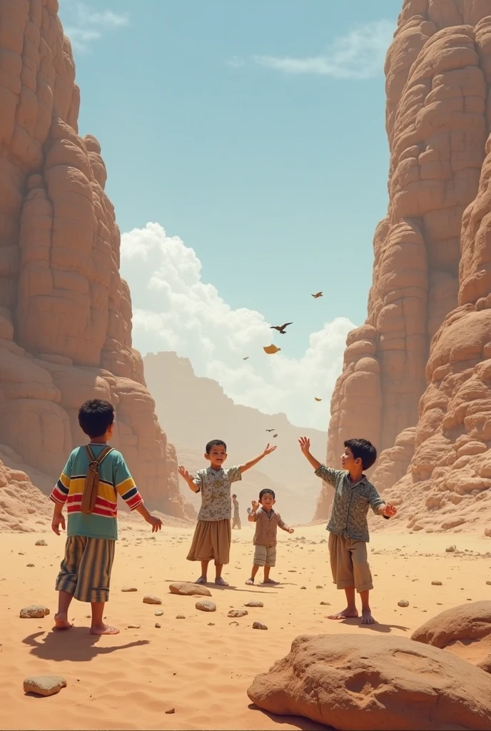 Drawing a woman and child walking in desert with a bird in Pixar animation style, children's story picture book