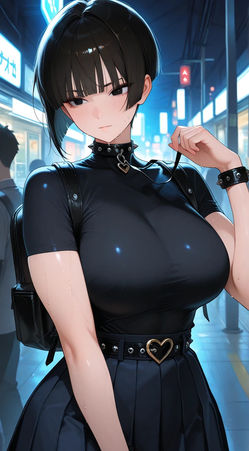 upperbody closeup，sportrait，little breast，Fashionab，Handsome，street Tokyo，12year old girl，cleavage，extra very short hair，Black color hair，Off-the-shoulder attire，比基尼