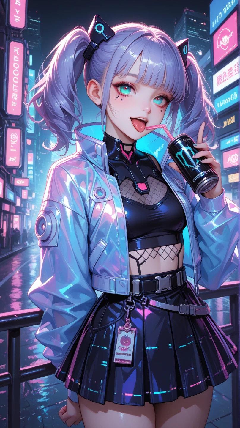 ((((Smoke a cigarette Put your headphones around your neck)))) (((Neon color pink and blue hair ponytail Wear a hat Off-the-shoulder hoodies Place the beer cans))) ((cyber punk Earrings rooftop City of night)) (Shining Moon Shining Background)