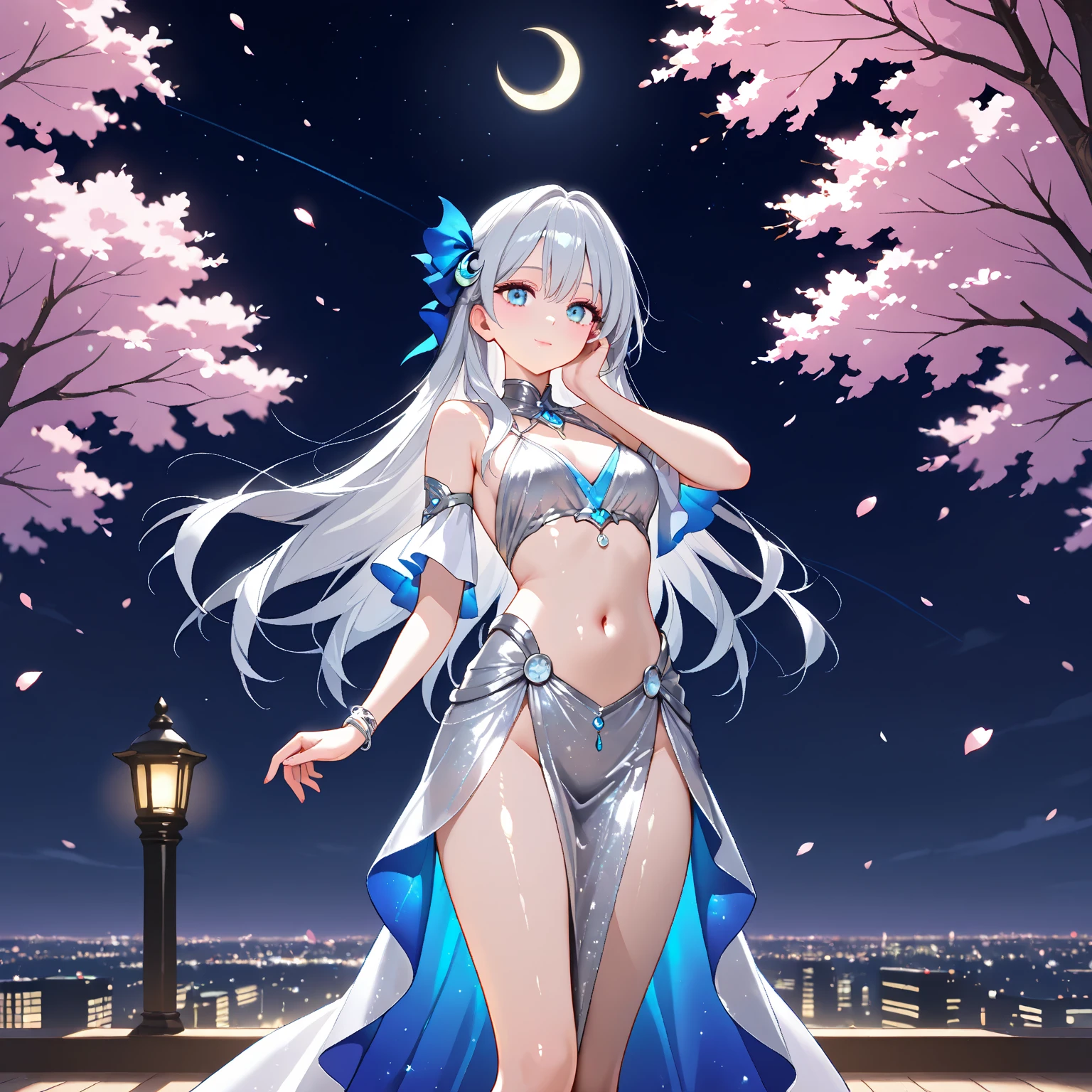 (Best image quality), (Master's Work),(Detailed eye description),(Detailed face description)(Rear view), One girl,Purple eyes, Gray Hair,(Very long hair),Very long hair (Drifting in the Wind), Back view, Recall, hair ornaments, flower hair ornaments. head band, ribbon, lingerie, mini skirt, garter belt, slightly exposed navel, visible shoulders, blush, Pool, petal (Lens flare), walking on Pool, Water reflection, Pool, Cleavage, Mid-chest, Aurora Borealis Sky, Night Sky, galaxy sky, horizon, Mountain々, forest, moon, (Cover Style:1.3), fashionable, woman, Vibrant, Swimsuit costumes, Pause, front, colorful, dynamic, background, element, shy, Performance, Holding, statement, accessories, Majestic, Coiled, The surrounding area, touch, scene, to attract attention, Catchy, Modern, trend, concentrated, fashion, Realistic lighting, extreme blushing