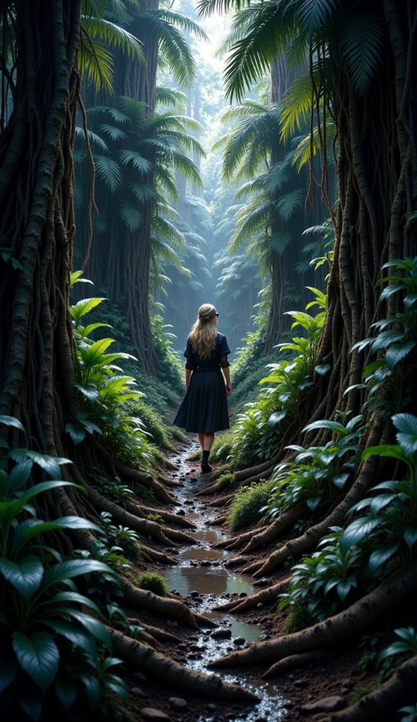 Best quality,masterpiece,16k,In the curved tunnel,A tunnel made of tree branches,Futuristic,Future Technology Tunnel,Complex structure,1girl,Dynamic poses,Looking at the camera,Girl being chased by monster