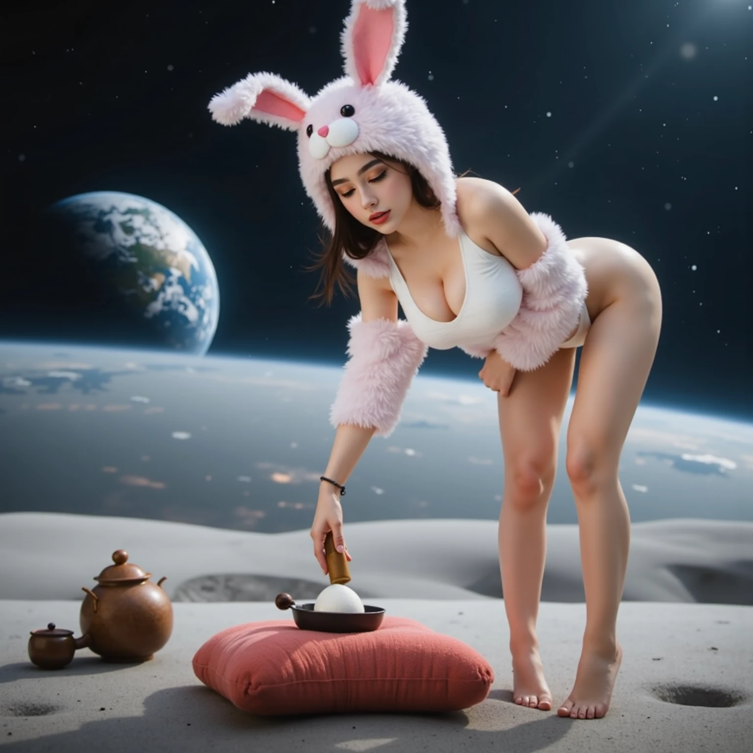 (best quality,4k,8k,highres,masterpiece:1.2), 1girl, solo, (16 years old, teenage, normal physique), huge breasts, great thighs, ((japanese)), naughty, santa Claus hat, fur boots, naked, sexy, blushing, artistic photography, raw photo, ((on the moon)), earth in the background