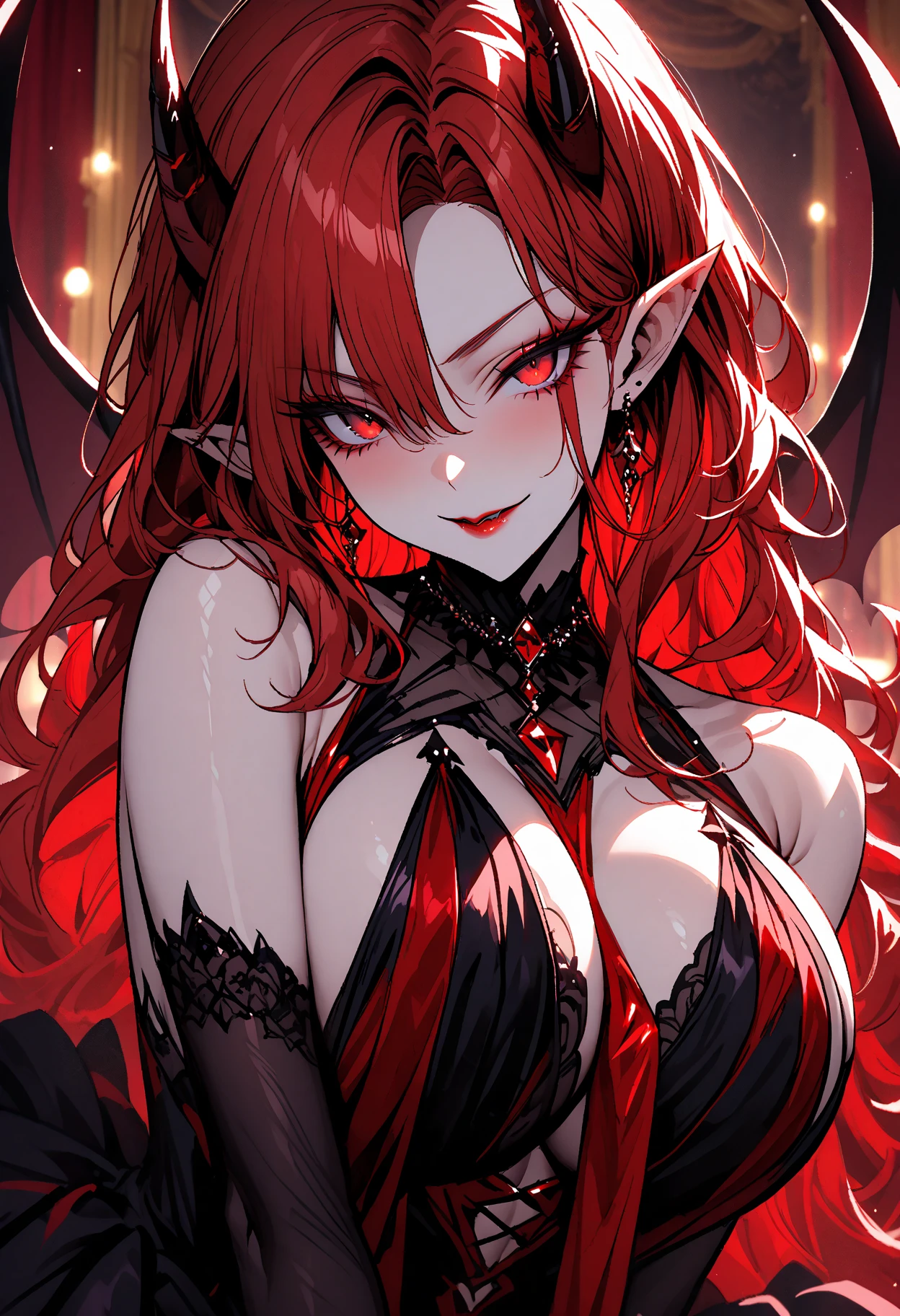 A gorgeous succubus with fiery red hair and green eyes dressed in a skin-tight black revealing otherworldly outfit. Black ram like horns protrude from her head. Her eyes are white with glowing neon green irises. She is posed seductively. Her midriff is exposed revealing a glowing red skull tattoo with almost tribal-like design. She is in height with large breasts and ass.