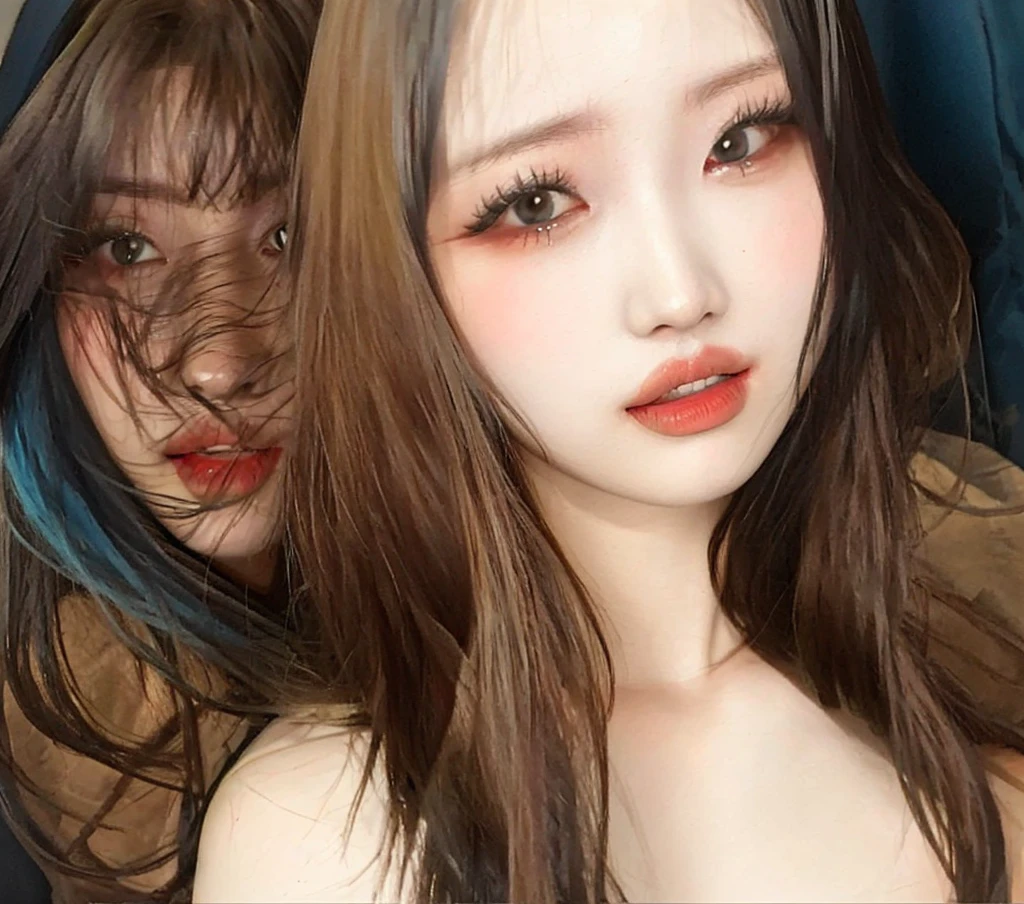 two women are posing for a picture while one of them is brushing her hair, pokimane, ruan jia and mandy jurgens, two girls, inspired by Wang Duo, profile pic, posing together in bra, jordan grimmer and natasha tan, jin shan and ross tran, sisters, ayami kojima and lyde caldwell, ruan jia and brom