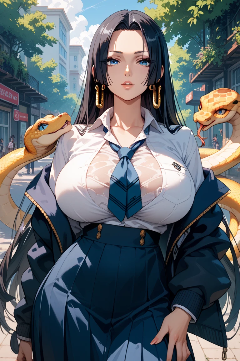 Italian girl, 25 years old, very long black hair, busty, her body is wrapped around a live python