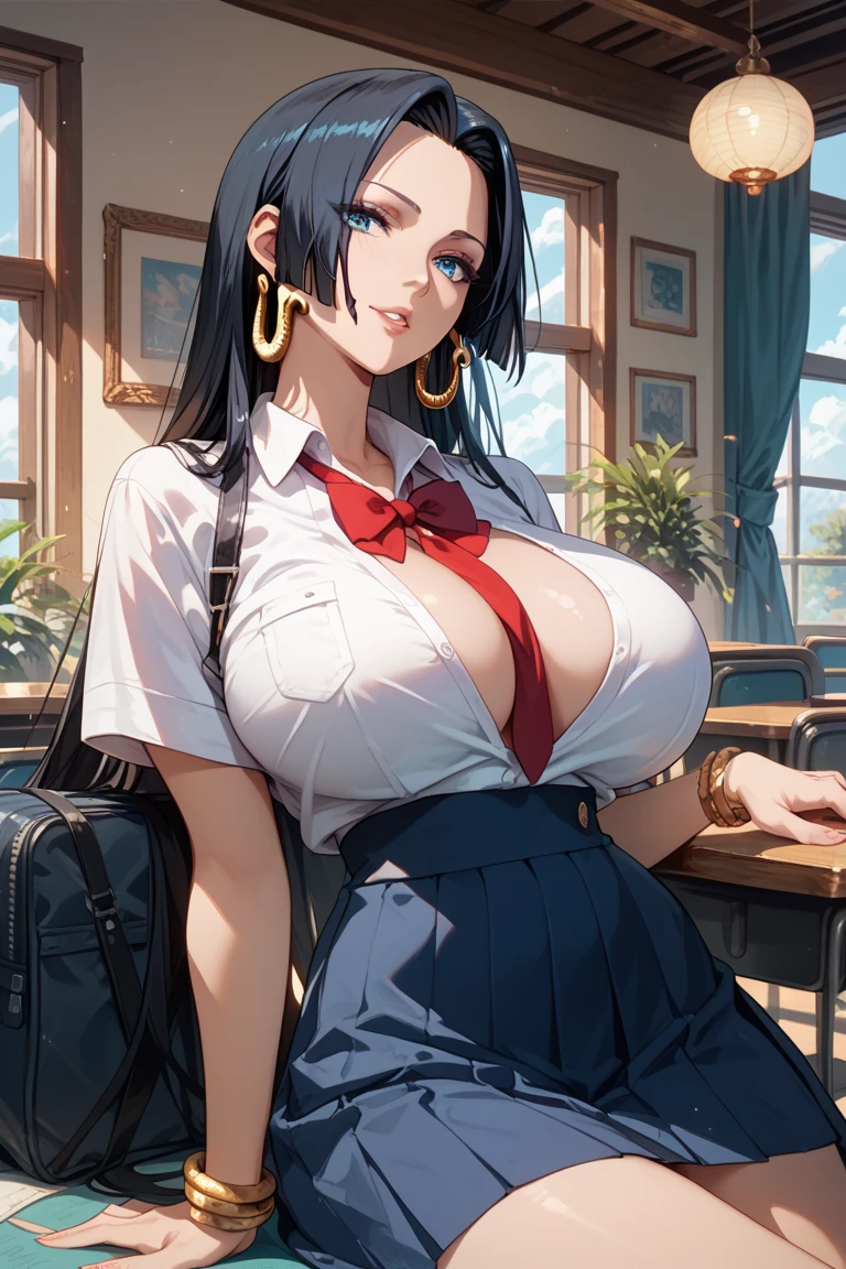masterpiece, best quality, illustration, Super detailed, fine details, High resolution, 8K,wall paper, perfect dynamic composition,(Details High quality, realistic depiction of eyes:1.3), from side, High School Classroom、High school girl uniform、blazer 、Super Short Check Uniform Skirt、Navy blue high socks、garterbelts、Colossal 、Disturbed uniform, straight hair, black hair color, huge breasts, Big Natural Color Lip, bold sexy pose, (perfect body shape), crying a little、Harajuku style、20 year old girl、 beautiful legs, hposing Gravure Idol, Voluptuous thighs