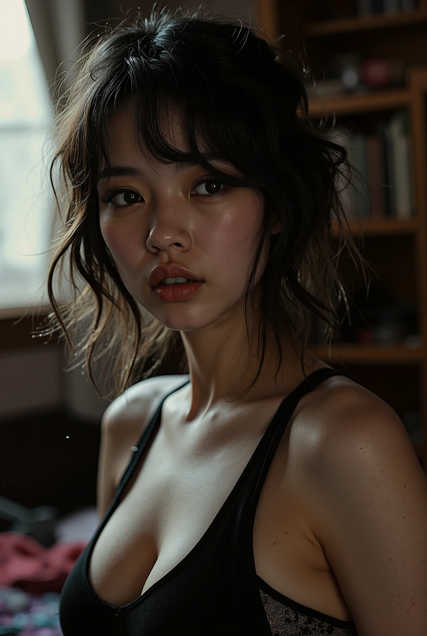 (Chloe Grace Moretz) , thorough, analoger Stil, Augenfokus, highest quality, (very detailed skin), photo of a beautiful fair-skinned Korean punk girl (with crockery and ribbon), perfektes Gesicht , seductive eyes ,  cleavage , [ seductive makeup ] , Hautporen , ( Piercing : 0,5 ) , Innenaufnahme , messy bedroom , ( Bokeh : 0,6 ) , scharfer Fokus , gesprenkeltes Licht , ( Gegenlicht: 0,7 ) , film grain , shot with a Sony A7R IV , 18 mm F/1 . 7 Cine-Objektive , (sehr detailliert , sehr detailliert) , 8k , HDR , seductive pose , Vorderansicht , (upper body: 0,9 ) , shiny skin , (eyes turned to the side) , sehr detailliert , erstaunliche Arbeit , Glasglanz , Blau , Lila , Rosa , best quality , shiny skin , bedroom background , tiefer Ausschnitt , strong blushing ,