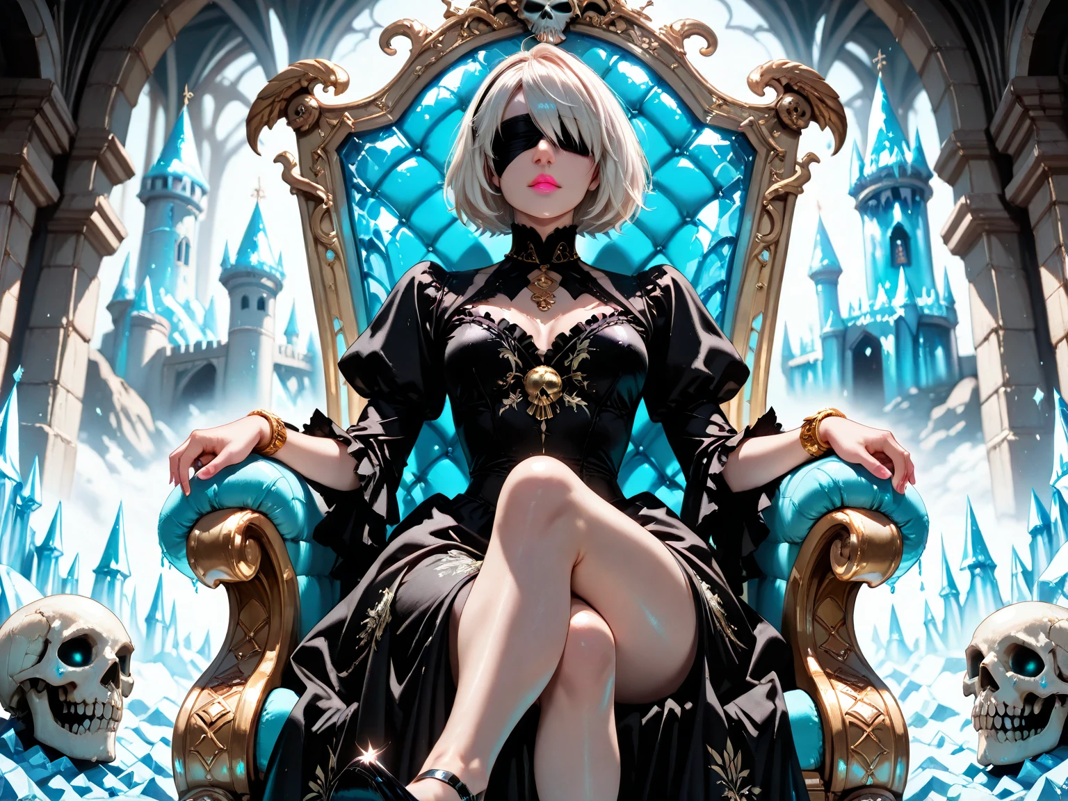 (1girl, Alone, alone), (YoRHa No.2 Type B, 2B, 1girl, solo, short hair, white hair, hairband, blindfold, covered eyes, black blindfold), ((Alone, (1woman,pink lipstick), extremely detailed , Soft ambient lighting, 4K, perfect eyes, a perfect face, Perfect Lighting, the 1 girl)), ((fitness, , shapely body, athletic body, toned body)) , ((long dress, princess dress, black dress, gold embroidered dress, black high heels, throne, throne with cowgirls, frozen castle, gold jewelry, gold necklace, gold bracelet, sitting, legs crossed, skulls, skull decoration))