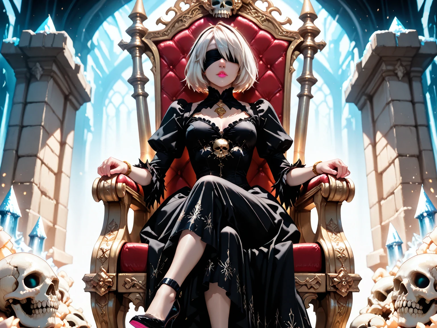 (1girl, Alone, alone), (YoRHa No.2 Type B, 2B, 1girl, solo, short hair, white hair, hairband, blindfold, covered eyes, black blindfold), ((Alone, (1woman,pink lipstick), extremely detailed , Soft ambient lighting, 4K, perfect eyes, a perfect face, Perfect Lighting, the 1 girl)), ((fitness, , shapely body, athletic body, toned body)) , ((black dress, black dress with lace, dress with ruffles, strapless dress, dress with long sleeves, dress with corset, boots with heels, stiletto heels, high-heeled boots, gothic throne, dark throne, catacombs, cemetery, skulls, candles, lantern, tombstones, night, full moon, milky way, black tights, sitting on the throne, crossed legs, mischievous))