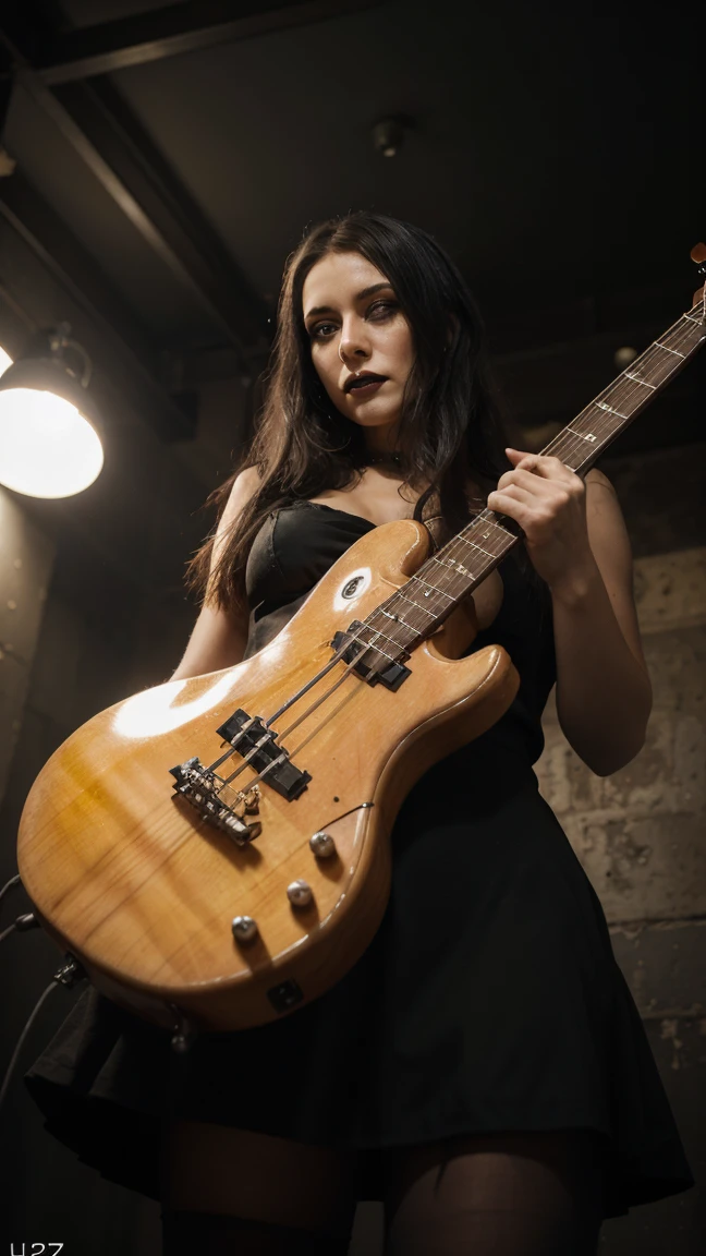 Arafed woman with a guitar sitting on the floor in a dark room, holding electric guitars, photo from a promotional session, bass guitarist, holding guitars, rear shot, holding electric guitar, dreamy rock girl, Shell, electric woman, lower angle, guitarist, holding an electric guitar, promotional shot, holding an electric guitar, The girl plays the guitar.