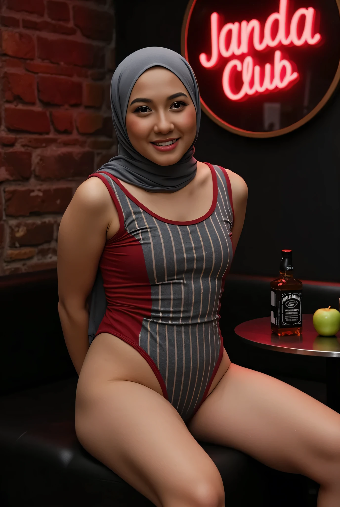 face cute smile , Front posing, Wearing Scarf neck tie, Front posing, SKINNY SUPER OLD LADY, memakai kacamata rabun, (Thighs and calves huge muscles), (((MOODY FACE EXPRESSION))), "Wearing Hijab perfectly", wearing Scoop Neck Sleeveless grey & red Bodysuits singlet swimsuit 'Striped print', (KEDUA BELAH TANGAN DILETAK LETAKKAN DIBELAKANG PUNGGUNG) PLEASE DON'T PUT ANYTHING ROPE!!!, THIGHS OPEN WIDE,
THIN SKINNY HIJAB INDO MALAY (Singlet ), 1 girl, 'MOODY FACE EXPRESSION', Half body portrait, (face details: 1), (Eye details: 1), ((Big breasts)). ultra high res. realistic: 1.4, UHD, (((dark background))), Background worn old brick wall, round Signboard 'Janda Club's' neon light at wall, Sitting on a round table stainless steel A two Bottle of Whiskey 'Jack Daniels and two green apple' Above it.