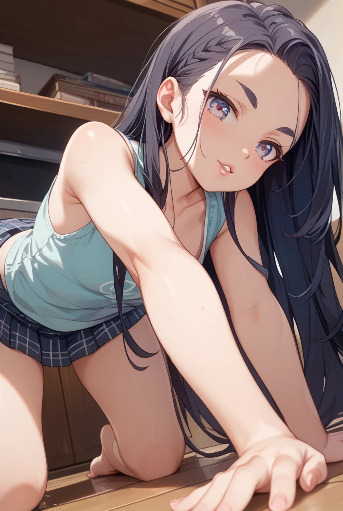 highest quality,masterpiece,8k,1girl,medium breasts,orgasm,blush, sweat,mini skirt,lift skirt,upskirt,white panties,Mizuki Yukikaze,hair ribbon, green shirt, serafuku, white neckerchief, long sleeves, pleated skirt, black skirt, black thighhighs,((leg up,fighting stance:1.1))