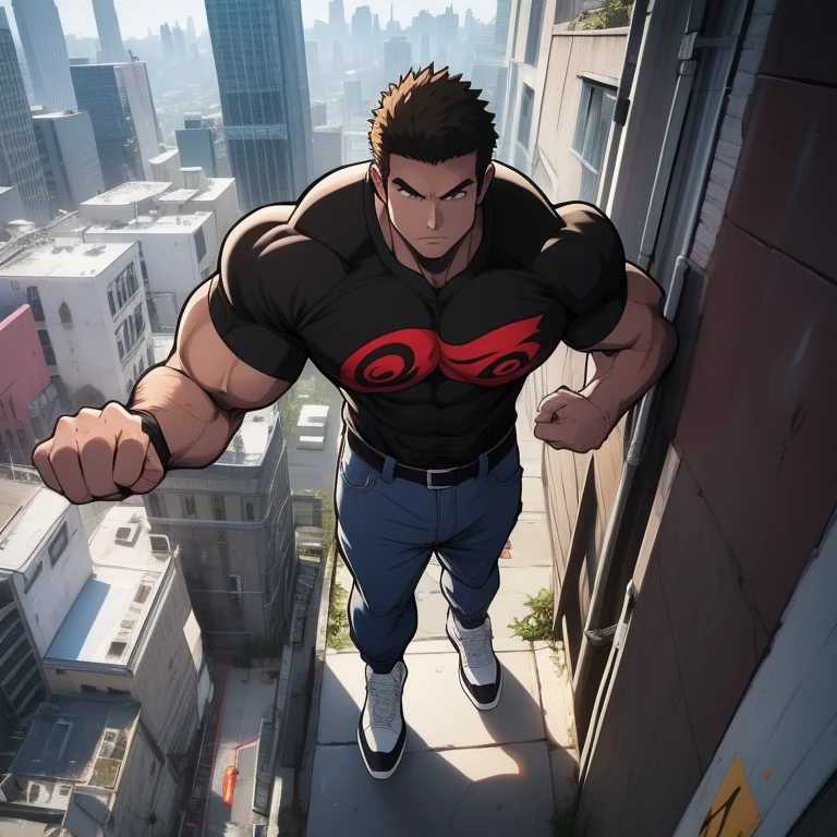 Artwork, full HD, high quality, Generate one (((anime-style art))) with a high-angle photo of a muscular male character with his body facing the camera, THE CHARACTER IS STANDING ON TOP OF A TALL BUILDING, The protagonist must have a (((extremely muscular body)))), very tall, similar to that of a bodybuilder. The character must have very short hair with dark brown bangs and must be wearing a red long sleeve shirt with black pants and a belt and must be wearing a white sneaker. The image should depict the character's entire body, focusing on his intimidating posture. The protagonist must exude strength and dominance, displaying a powerful presence. The scene should feature only the muscular character, THE CHARACTER SHOULD BE ON TOP OF A BUILDING SHOWING A LARGE CITY BELOW HIM,((( (High quality)))