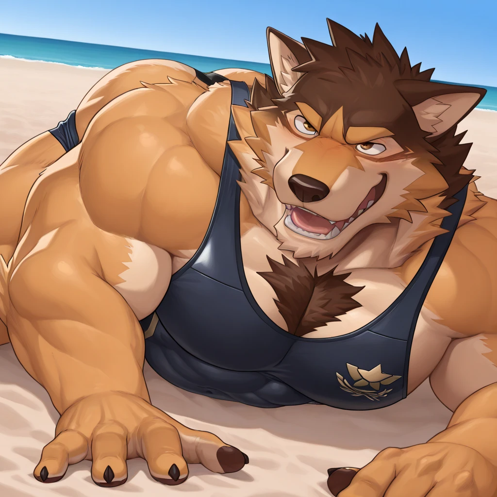 ((cel-shading, portrait, rear view, bright beach background, light color palette, global lighting)), 1boy, abs, bara, bare shoulders, suspended in midair, (black hair, body hair, copious luxuriant bushy far-reaching black chest hair, bushy black fur all over chest, hairier chest than possible), clothing cutout, cuffs, dark skinned male, thick facial hair, handcuffs, jewelry, large pectorals, (long bushy black sideburnale focus, mature male, medium hair, slim, muscular, muscular male, navel, pectorals, short hair, sideburns, solo, stomach, stubble, thick thighs, butt, (((naked, sliding on a banister very fast, sliding down banister, banister between his legs, sitting on a banister))), thighs, tight, watch, ((wolf, wolf tail, huge hairy groin, pubes, pubic hair, happy-trail, treasure-trail, copious luxuriant bushy far-reaching black nether-hair, very hairy snatch, landing strip covered in pubic-hair, pubic hairy perineum, bushy tush)), expression of ecstasy, passionate gaze, wincing with pleasure