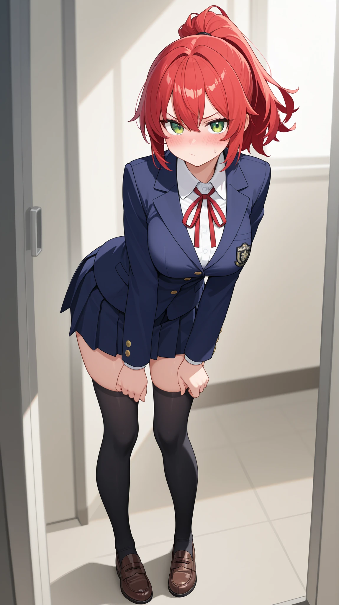 Maki Nishikino、One Girl, Five Fingers, mini skirt, Looking down at the viewer,, Highest quality, Focus on the thighs, Dynamic pose, smile, blazer, blouse, Black Pantyhose, panties under pantyhose, Standing Split, Stylish pose,My thighs and groin are steamy 、Crowd