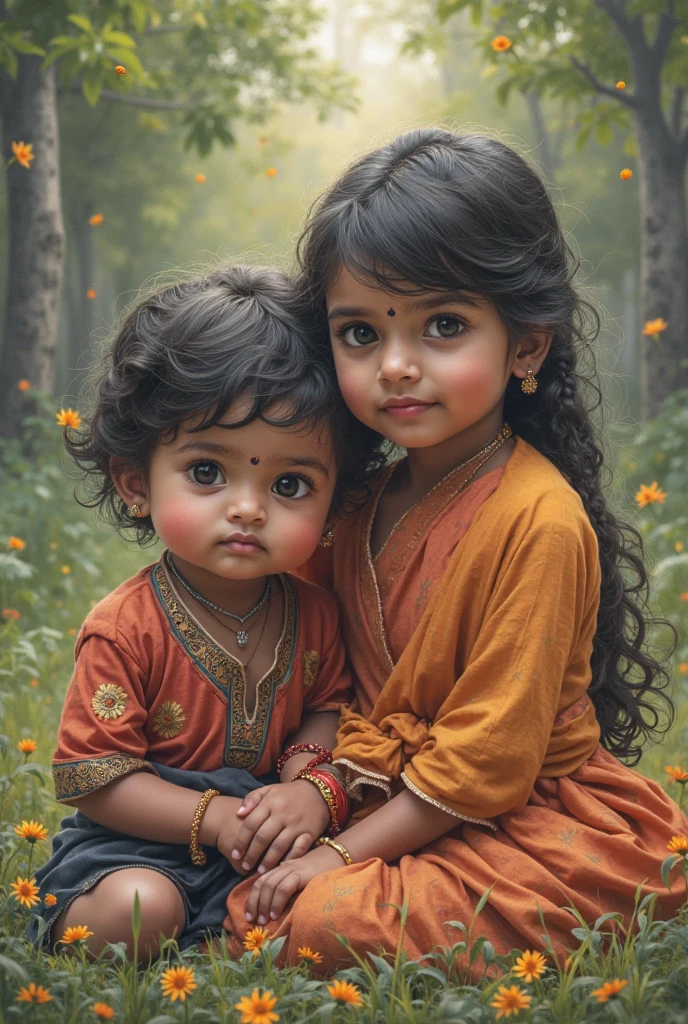 A young boy and girl, dressed in traditional Indian attire, stand close together in a warm, golden light. The boy has a gentle smile, his hand resting on the girl's cheek, while she looks at the camera with a hint of sadness. They are both wearing soft, earthy tones, creating a sense of intimacy and quiet contemplation. The background is blurred, focusing attention on the children.Imagine The image is a portrait of two young children, a boy and a girl, standing close together and smiling at the camera. The boy is on the left side of the image, wearing a beige kurta with a striped scarf around his neck. He has dark hair and is looking directly at the viewer with a slight smile on his face. The girl on the right side is wearing a traditional Indian outfit with a brown dupatta draped over her shoulders. She has long dark hair that is styled in loose waves. He is covering her face with his hand. The background is blurred, but it appears to be an outdoor setting with trees and greenery. The lighting is soft and warm, creating a peaceful and serene atmosphere.two young children are posing for a picture in a rural setting Hyperrealistic depiction of an otherworldly garden, each plant intricately detailed, softly illuminated by a distant galaxy glow. Two children, a boy and a girl, are standing close to each other. The boy is on the left, wearing a brown and white striped scarf, and a beige shirt. He is looking at the camera with a smile. The girl is on the right, wearing a beige dress with floral embroidery and a brown scarf. She is looking at the camera withImagine A indian fair cute boy and a indian fair cute girl pose closely together outdoors, beautiful hair , with warm, soft lighting creating a dreamy atmosphere. The boy, wearing a beige shirt with a striped scarf, smiles widely, while the girl, dressed in a floral-embroidered dress with a light brown shawl, gazes softly at the camera. Their expressions convey a mix of joy and tenderness, highlighting their close bon