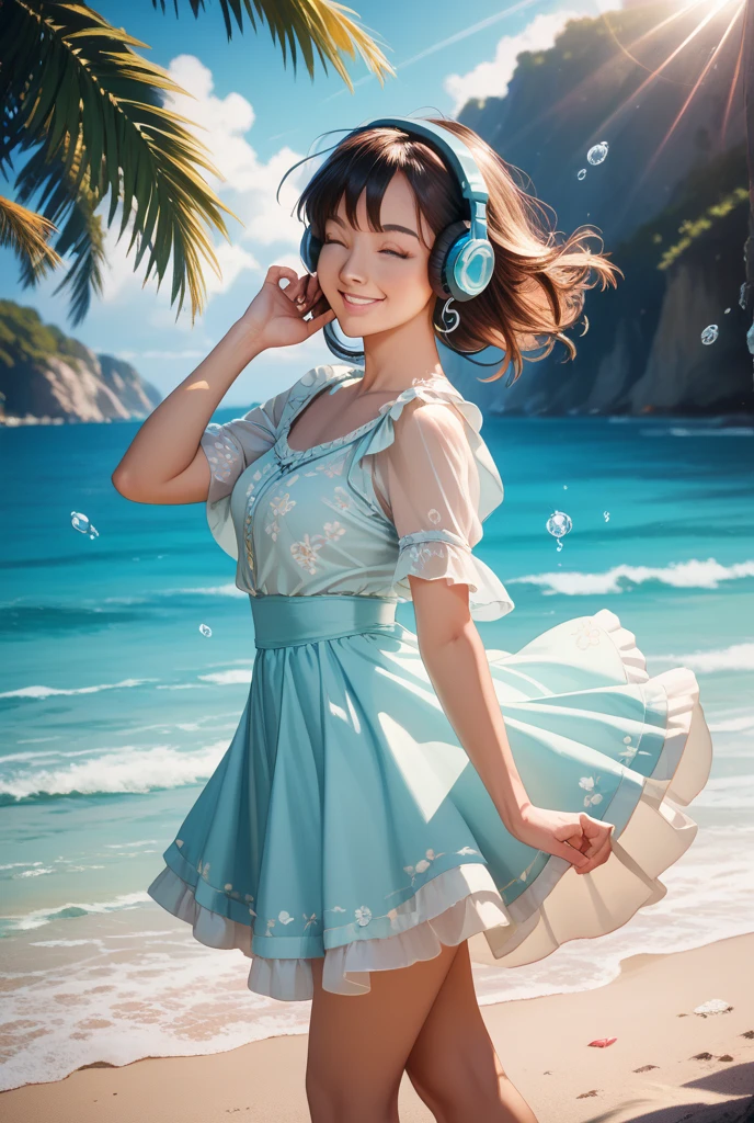 Wearing a gorgeous and noble dress, the cute little girl sings by the sea with a microphone