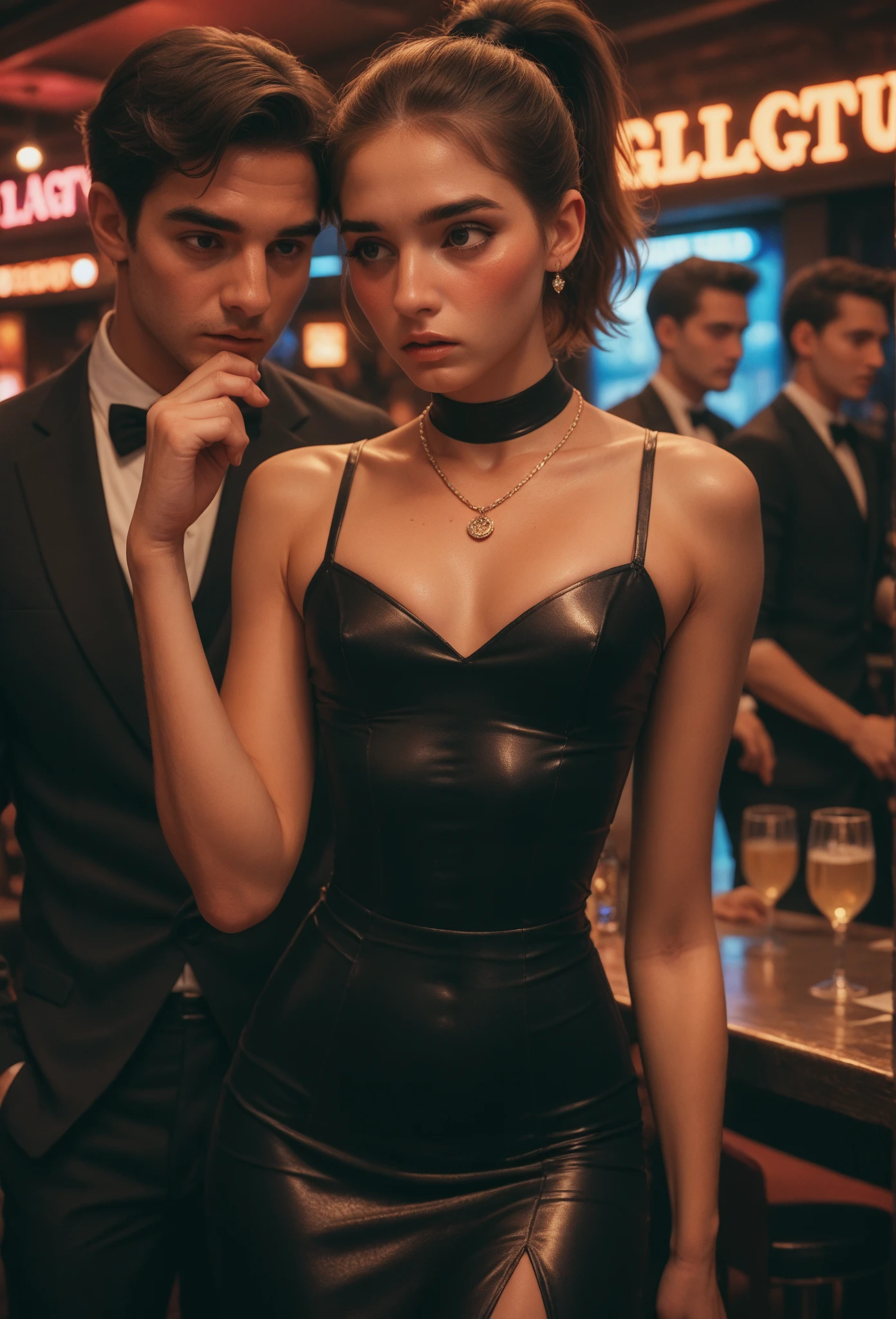 a man held on a leash by a woman who holds a swift in one hand.  She is dressed as a dominatrix.  Bdsm atmosphere