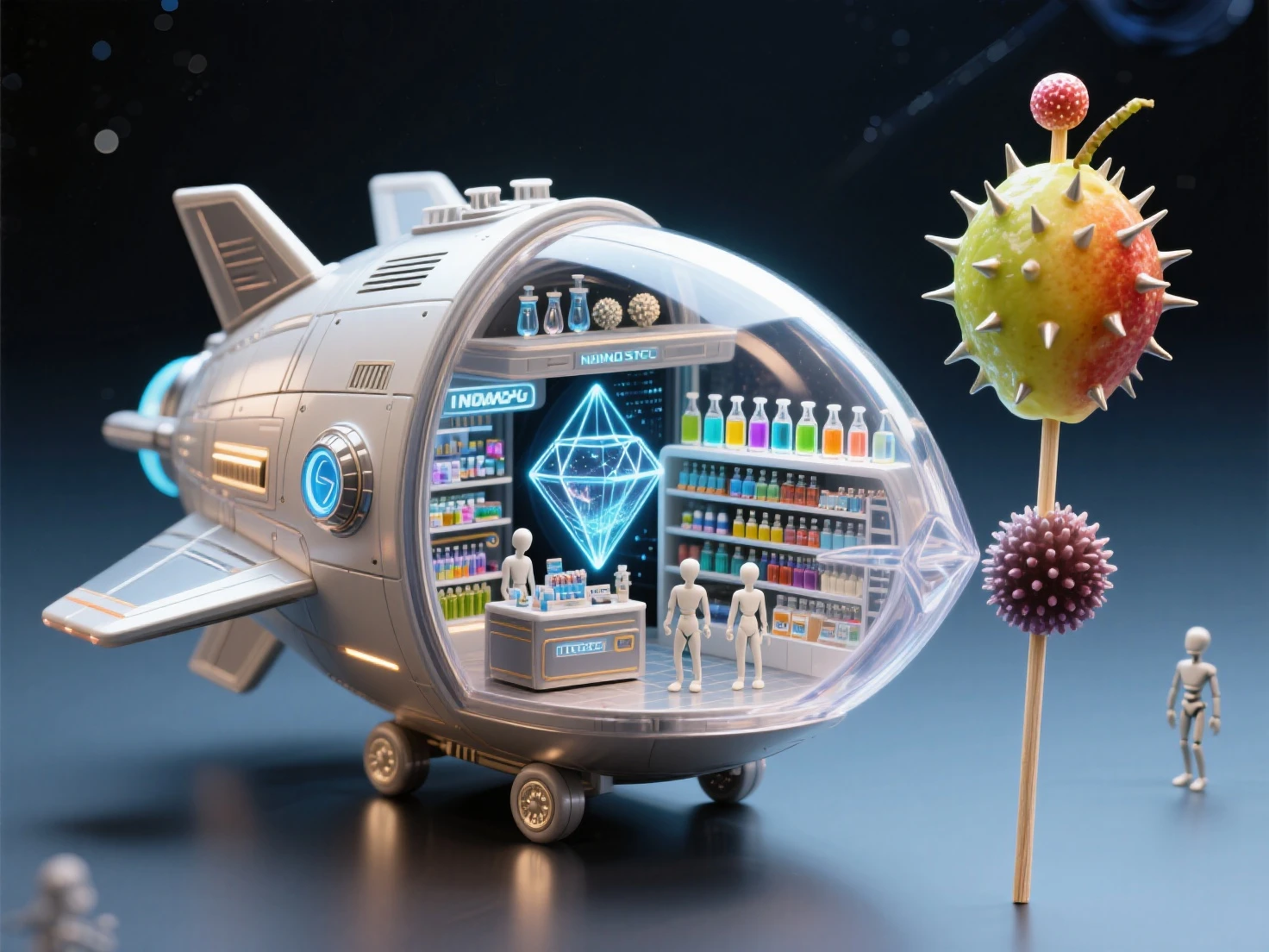 Mini spaceship half of the ship is completely transparent, small glass forester as a sunset, in the middle you can see a beautiful space store selling various nano tech stuff, holograms create images inside the finished product This is a diamond-shaped fruit on a stick, different  with spines, amazing shelves with different liquids, small people and humanoids go and buy there, masterpiece, best quality, high quality, intricate details, clearly, highly detailed details,