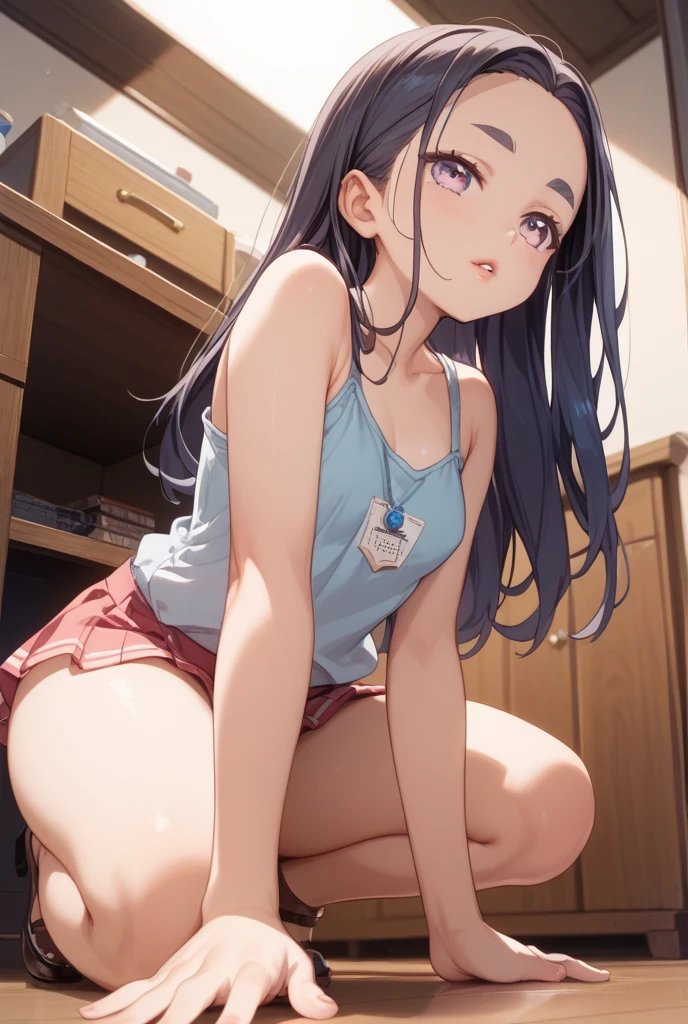 Woman, cute, adorable, smiling, straight hair, long hair, black hair, morning, clear weather, looking at the camera, bedroom, sunlight, tank top, from thighs to head, standing,
(leaning forward:1.2),
bend down,
hands on knees