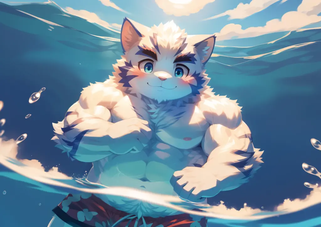 Solitary, anthropology, hairy, hairy male, White cat, ((Fluffy fur, Fluffy, hairy body)), (cat print), (Thick eyebrows), youth, muscular, White skin, White big muscle, Blue pupils, defaced face, Fundos, swimmer, Teal swimming trunks, pink tit clusters, Very long legs, Soak in the lake water, Small bump, Raise your hands, (sideways:1.5), Shy expression, A faint smile, blush, (Turn your head to look at the audience), Clear facial features, Strong, (Bottom view:1.4), majestic, solitary, Full body image, Fog atmosphere, early morning, Tyndall rays, Aquatic plants, Lotus, (through empty ghost, From cat22, masterpiece, high quality, high resolution,8k), permanent, Bust, (Vision), lake