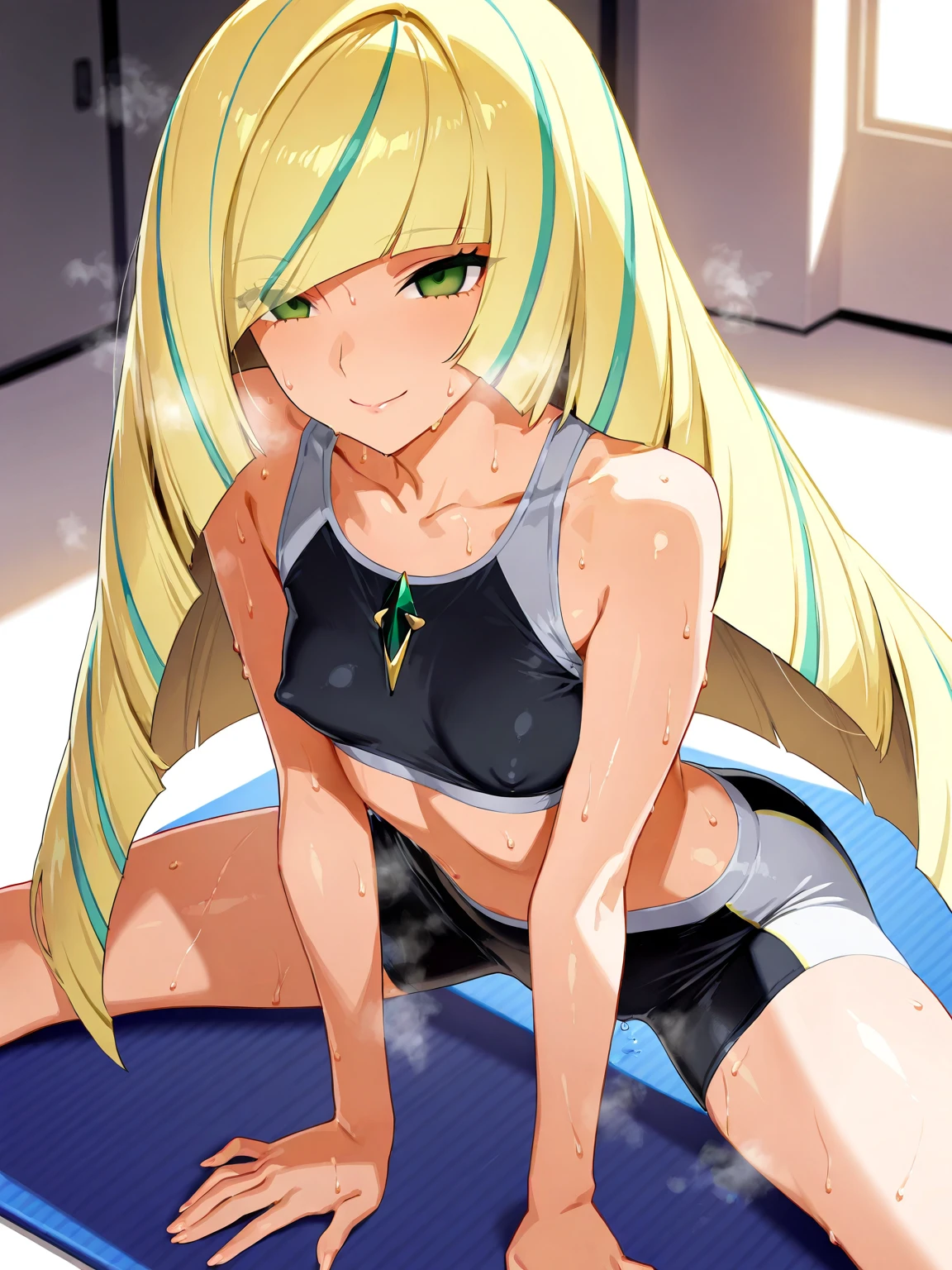 Flat chest, loli, blonde hair, big green eyes, low ponytail, parted bangs, (shiny skin:1.2), classroom, tight clothes, wide hips, thighs, full body, short shorts, (masterpiece:1), (abundant detail:1)