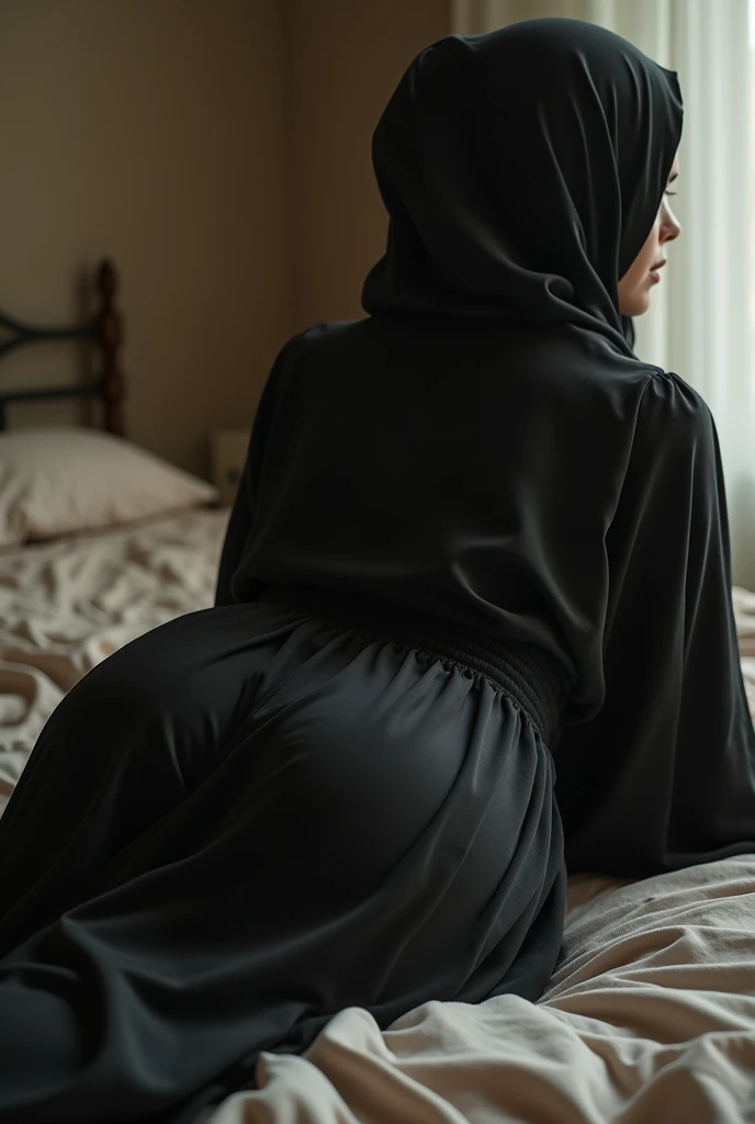 Curvy girl pakistani wearing black hijab Abaya lusty going on shoft bed before sex full body back hips view sitting ,he butts are up