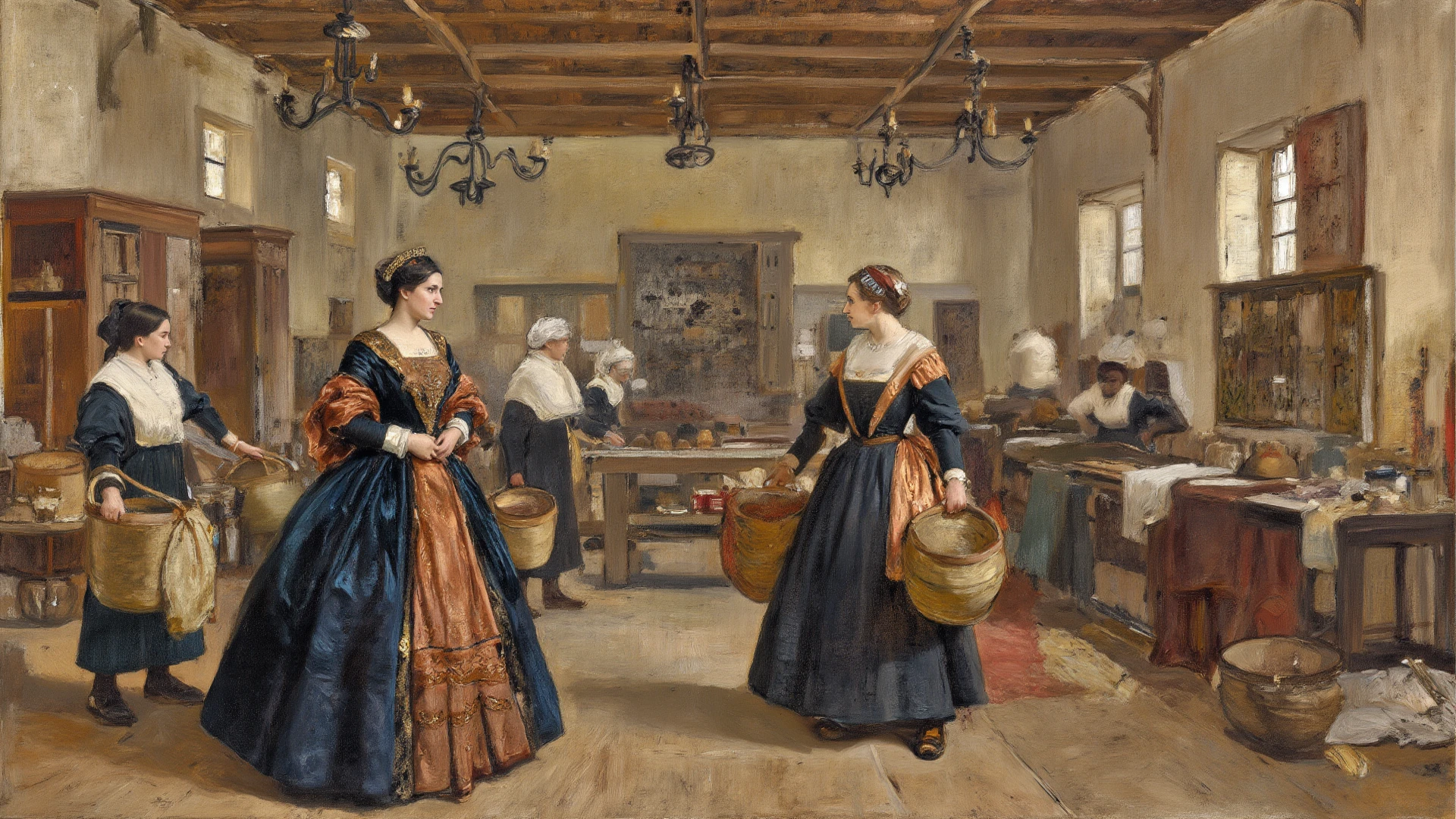 Two very poor old women from the 18th century, in a cottage kitchen, dressed in rags revealing their breasts and pubes, tenderly engaged in intense lesbian seduction.