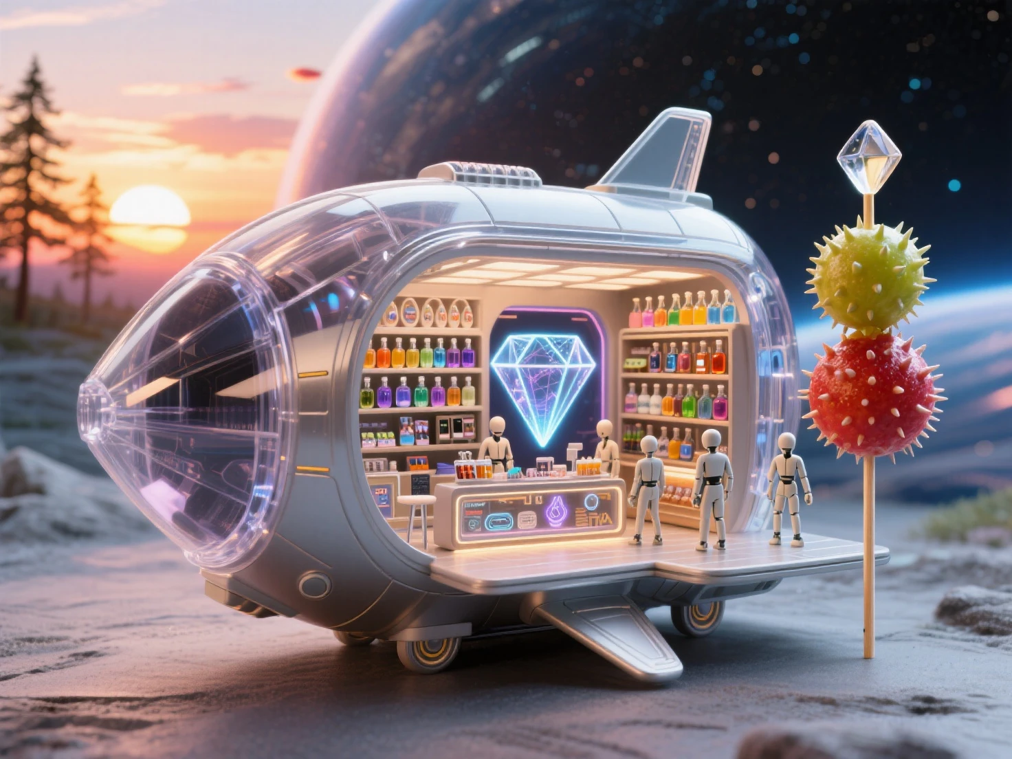 Mini spaceship half of the ship is completely transparent, small glass forester as a sunset, in the middle you can see a beautiful space store selling various nano tech stuff, holograms create images inside the finished product This is a diamond-shaped fruit on a stick, different  with spines, amazing shelves with different liquids, small people and humanoids go and buy there, masterpiece, best quality, high quality, intricate details, clearly, highly detailed details,