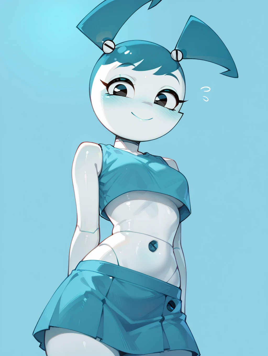 High quality portrait of Jenny Wakeman standing, hands behind her head, sexy grin, micro bikini, Robot body, robot joints. Blue bolt on belly button, tropical beach background, center, upper body