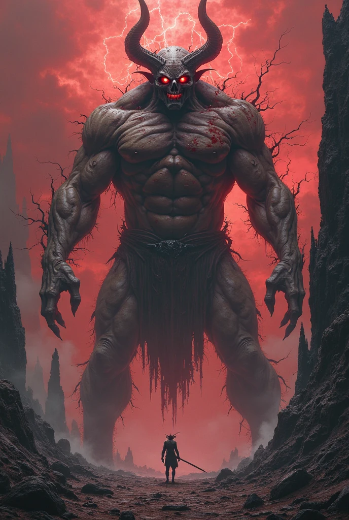 A dissimortum is a distorted humanoid creature with gray flesh and black claws that drip blood. A bony mask is attached to his head by strips of putrid flesh, and a third arm hangs from the right side of the creature's body, his hand holding a large blood-stained sac. His presence exudes an aura of corruption and malignancy.