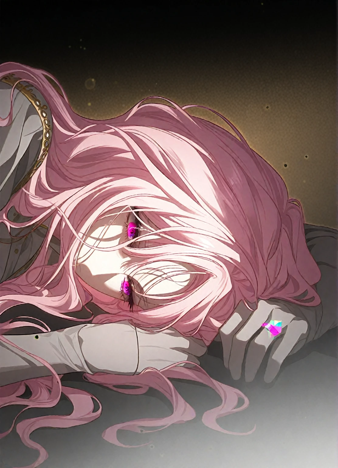 absurdres, uhd, best quality, 16k, Masterpiece, 1girl, solo, AnemoneE7, long hair, pink hair, purple eyes, hair ornament, hairclip, collar, choker, neck ring, black bodysuit, hood, skin tight, single vertical stripe, asymmetrical legwear, laying down, indoors 