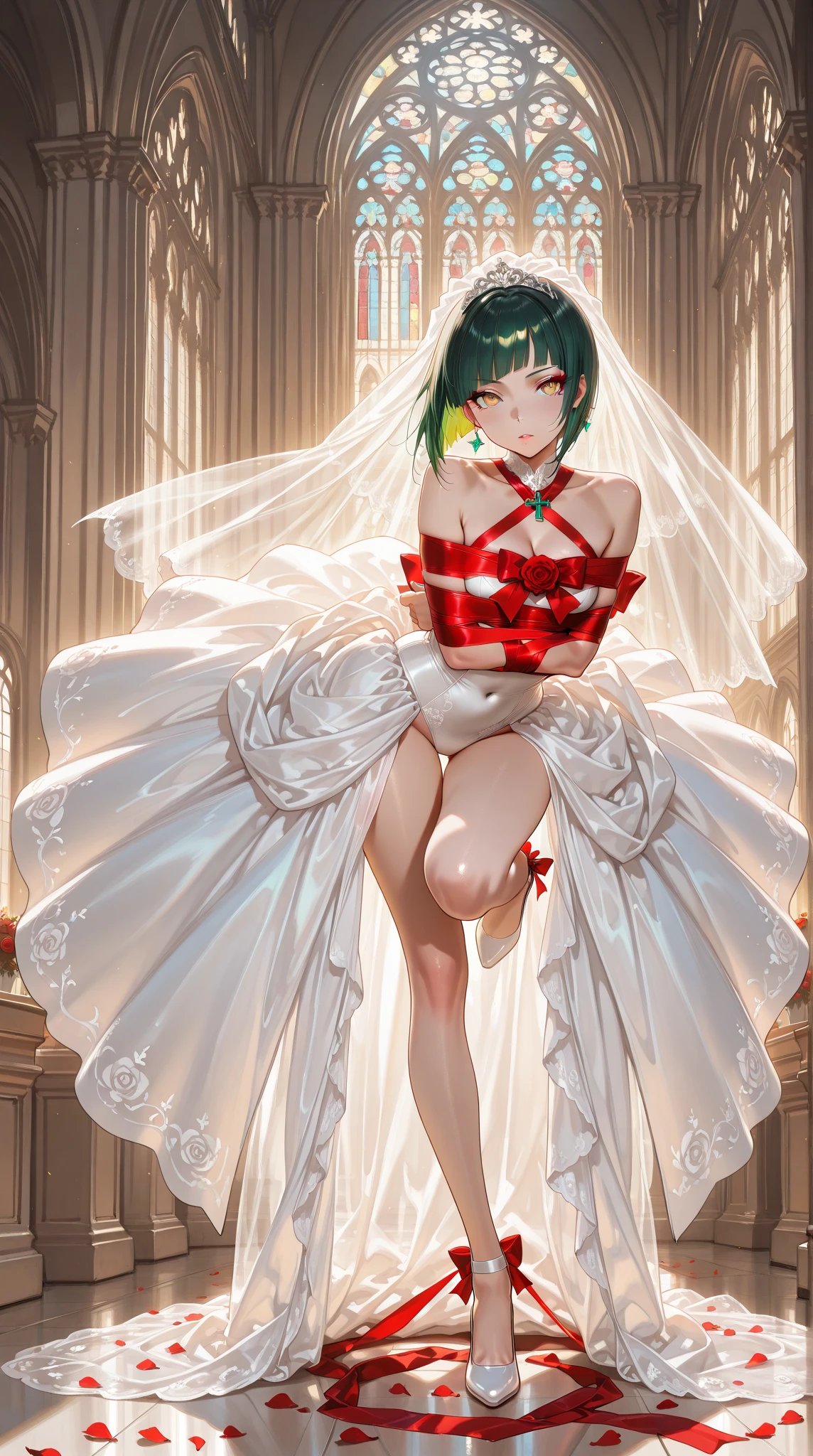 (masterpiece:1.2, highest quality), (realistic, photorealistic:1.4), beautiful illustrations, 
looking at the viewer, whole body, Front view:0.6, 
1 female, 24-years-old, Japanese, ((green hair:1.5, Ultra short hair:1.4)), bangs, hair between eyes, ((height: 166cm, medium breasts:1.6, toned waist, big ass)) 
beautiful hair, beautiful face, beautiful and detailed eyes, (orange eyes:1.3), beautiful clavicle, beautiful body, beautiful breasts, beautiful thighs, beautiful feet, beautiful fingers, perfect anatomy:1.3, perfect anatomy
(wedding hall)
((Wedding dress:1.5, choker:1.6)), black panties:1.6, 
((Grasp the hem of the skirt with your right hand, Put your left hand on your chest, sit with legs apart:1.3)), 
(Look at the viewer while blushing:1.3)