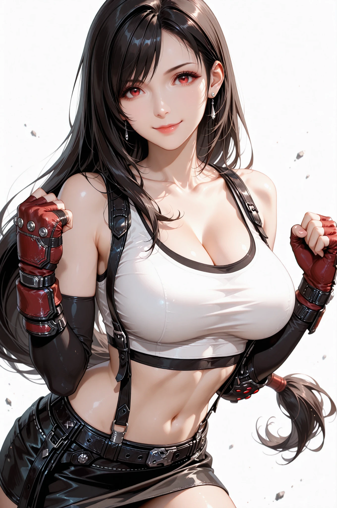 tifa lockhart, final fantasy vii, 1girl, bangs, bare shoulders, belt, black belt, black gloves, black hair, black skirt, cleavage, clenched hands, closed mouth, collarbone, cowboy shot, crop top, earrings, elbow gloves, fingerless gloves, floating hair, gloves, hair behind ear, hands up, jewelry, large breasts, lips, long hair, looking at viewer, low-tied long hair, midriff, miniskirt, navel, red eyes, red gloves, shirt, side locks, simple background, skirt, sleeveless, smile, solo, stomach, suspenders, swept bangs, tank top, taut clothes, taut shirt, thighs, white background, white tank top, masterpiece, best quality