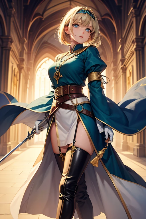 ,Perfect ,don quixote \(limbus company\, Naked、Blonde hair, Short hair, hair between eye, Orange Eyes, She straddles the bayonet、(Musketeers in medieval Europe )、hiqcgbody