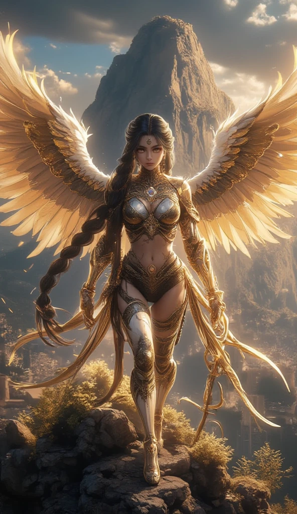 creates an image of a Submitted by you:
I created an image of a being that has six wings and is surrounded by flames or bright light., They have four faces (man, Lion, ox and eagle) and multiple wings covered with eyes, They are shaped like wheels with multiple eyes on their surface, with wings and multiple arms, each holding some symbolic object, just like winged figures that look human, They are generally represented with open wings and surrounded by light they look like warriors in armor., helmets and spears, They are often Beings with multiple wings and eyes, each holding some type of building or structure, They have the appearance of humans with wings and are often represented with symbolic objects, like a palm, these human beings with wings, usually friendly and ethereal looking.