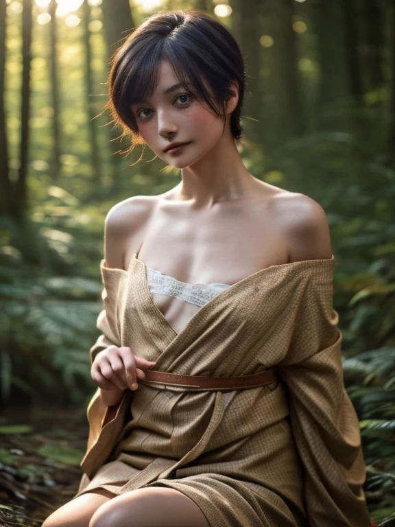 15 year old girl, short hair, yellow color, elf face slavic, freckles on the face, Skinny body, small bust, unclothed, sitting on a tree trunk, in the forest at night, the sky full of stars