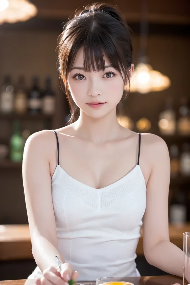 ((Bar scenery)),Facing each other over the counter,Woman in tank top,Wear a baggy tank top,(Toast with a small glass),cleavage of the breast,big brest,white tank tops,Seductive smile,Red cheeks,Cute face,Drunk,big brest,slenderbody,top-quality,masterpiece,Vivid as a photo,Realistic,Photorealistic,Ultra-high delicate,Ray tracing
