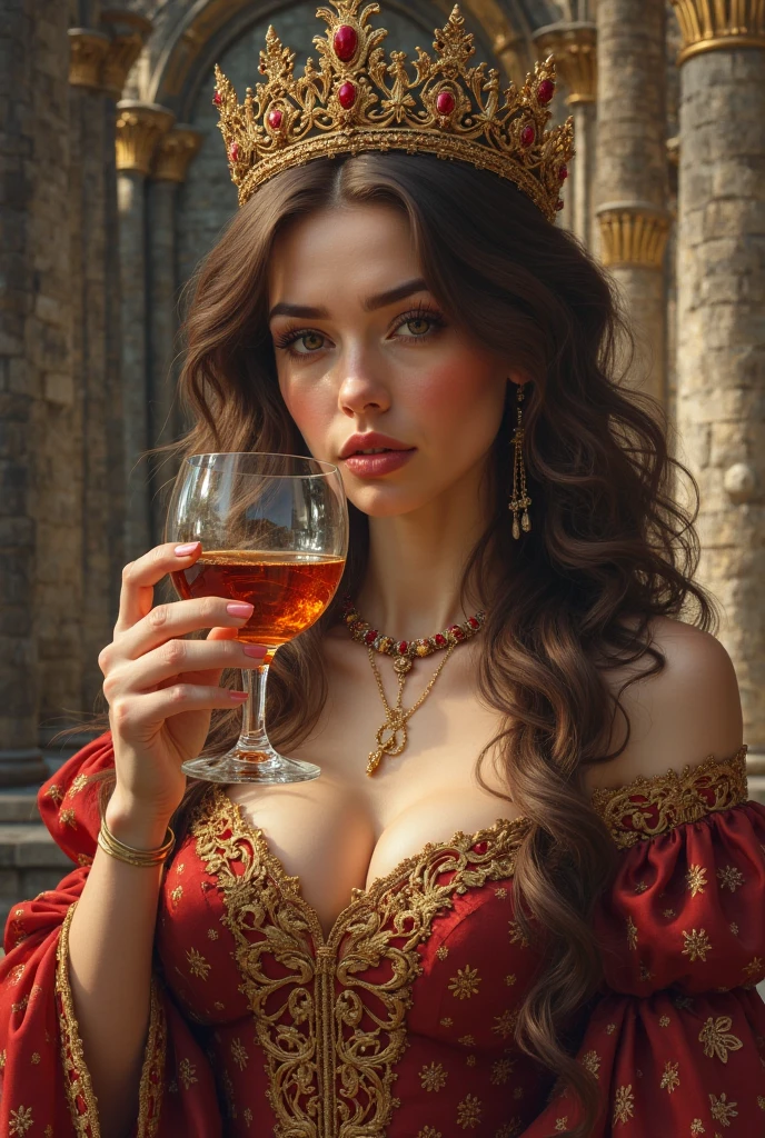(beautiful seductive woman), (goddess of debauchery in a lavish setting), glowing, flawless skin, seductive, (((night))), (((opulent chamber with silk drapes))), (((golden chalices and incense))), (((reclining on a luxurious chaise longue))), (provocative pose), (((intense eyes))), ((sultry smile)), (((long flowing hair))), (((golden skin))), (((intricate tattoos))),  ((smokey makeup)), (revealing silk gown), ((lace)), Crown of gold and jewels, golden bracelets, ruby necklace, jeweled belt, ((goblet of wine)), thigh bands with jewels, lace-up hight heels, open mouth, intense orgmasmic expression
