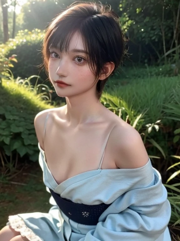 Masterpiece、highest quality、Woman 1、Long-limbed woman、Photo realistic、Super detailed、Gravure idol Black Hair、short hair、Straight Hair Red Hakama、Shrine maiden、White kimono、French sleeve Large Breasts、Sideboob Gravure pose shrine