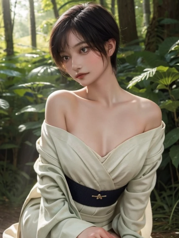 (highest quality:1.5)、(Real:1.5)、(1 person:1.5)、Medium Shot、(Very detailed)、(High resolution)、8k、Normal milk、Natural color lip、Cute smile、Japanese women、20 year old girl、Thin eyebrows、Beautiful and elegant face、Cute face、Cute eyes、Big eyes、Big Eyes、Fair skin、Beautiful and elegant face、Natural Bangs、Beautiful and thin nose、 Beautiful Skin、Medium Bob Hair、Natural Bangs、Perfect and beautiful facial features、Slim face and figure、(Bright lighting)、Professional Lighting、(Lighting from the front)、Outdoor、Beautiful cleavage、Autumn leaves landscape、1 person girl、Cute and sexy slim 24 year old woman、Fair skin、Autumn leaves fluttering、(A dreamy look、Totally captivates you)、(Off-the-shoulder kimono)、(Normal milk)、(Calm pose)、
