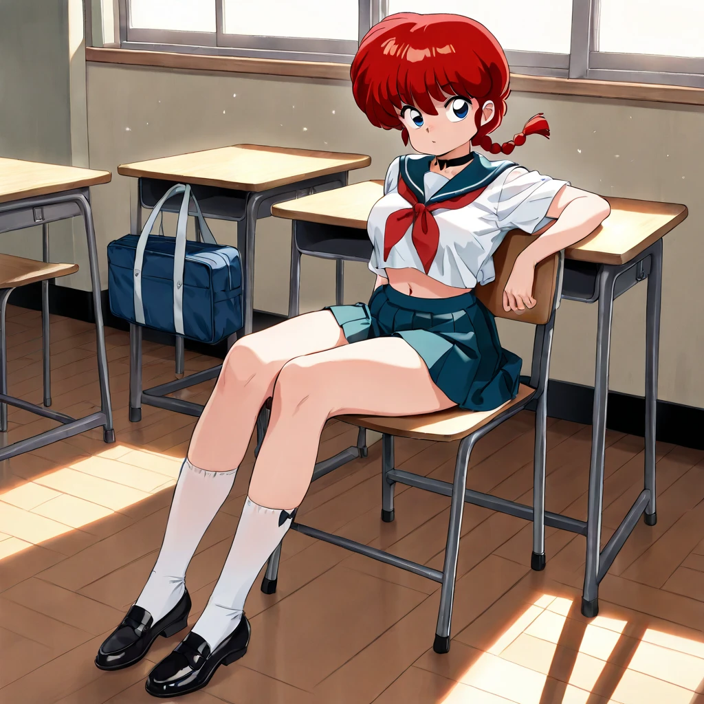 masterpiece,best quality, 1girl, school uniform, sitting on chair, cross leg, class room,show bare feet ï¼Sole of foot