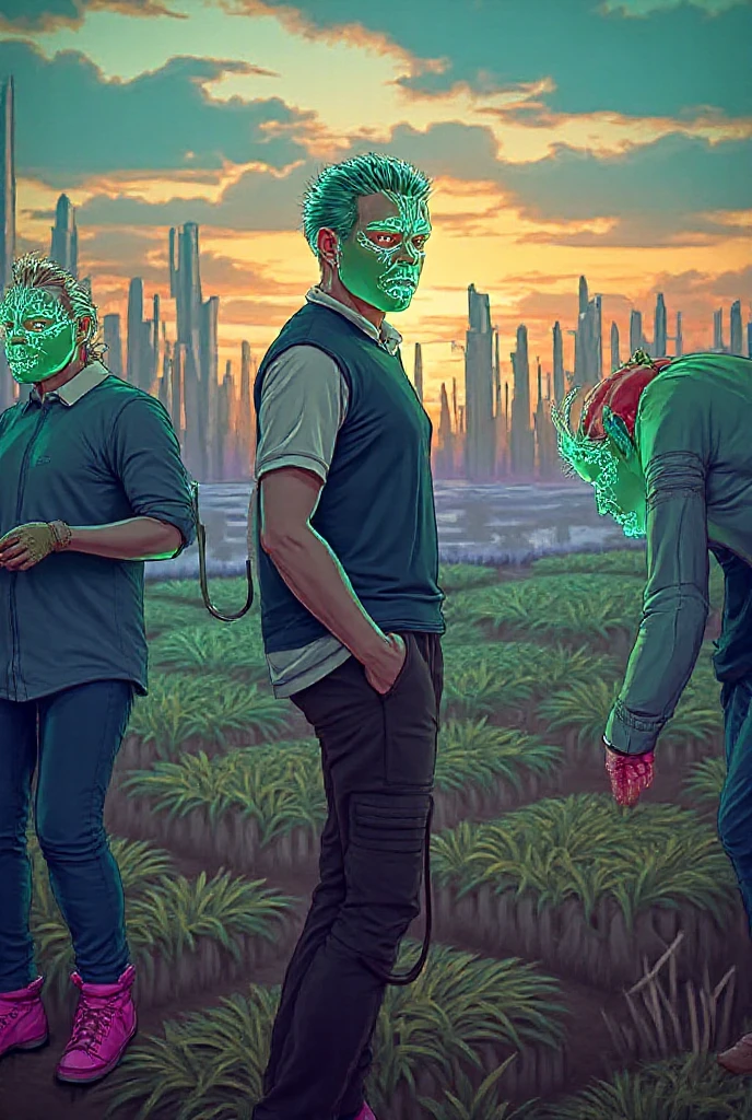 Rick and Morty emerge from an energy portal into a Rice Paddy. Rick, a middle-aged man with messy hair, wears a lab coat and looks bored and drunk. He holds a flask in one hand and takes a shot half-heartedly. Morty, a young boy with messy brown hair, is panicking, with wide-eyed expressions on his face. The scene is filled with slimy tentacles, slowly moving towards Rick and Morty from all directions. These tentacles are greenish and covered with gooey slime, adding a sense of danger and suspense to the atmosphere. The Rice Paddy is surrounded by lush green fields, with tall stalks swaying gently in the breeze. The artwork is created using a digital medium, with a realistic and photorealistic look. The details are extremely intricate, capturing the expressions on Rick and Morty's faces, the texture of the tentacles, and the vibrant green colors of the rice fields. The lighting is vibrant and vivid, illuminating the scene with a surreal glow. The overall style of the artwork is a mix of sci-fi and horror, with elements of both genres blending seamlessly. The color tone is predominantly green, with hints of blue and purple to create an otherworldly feeling. The lighting casts dramatic shadows, enhancing the mysterious and thrilling atmosphere. (best quality,4k,8k,highres,masterpiece:1.2),ultra-detailed,(realistic,photorealistic,photo-realistic:1.37), HDR, UHD, studio lighting, ultra-fine painting, sharp focus, physically-based rendering, extreme detail description, professional, vivid colors, bokeh, portraits, sci-fi, horror.