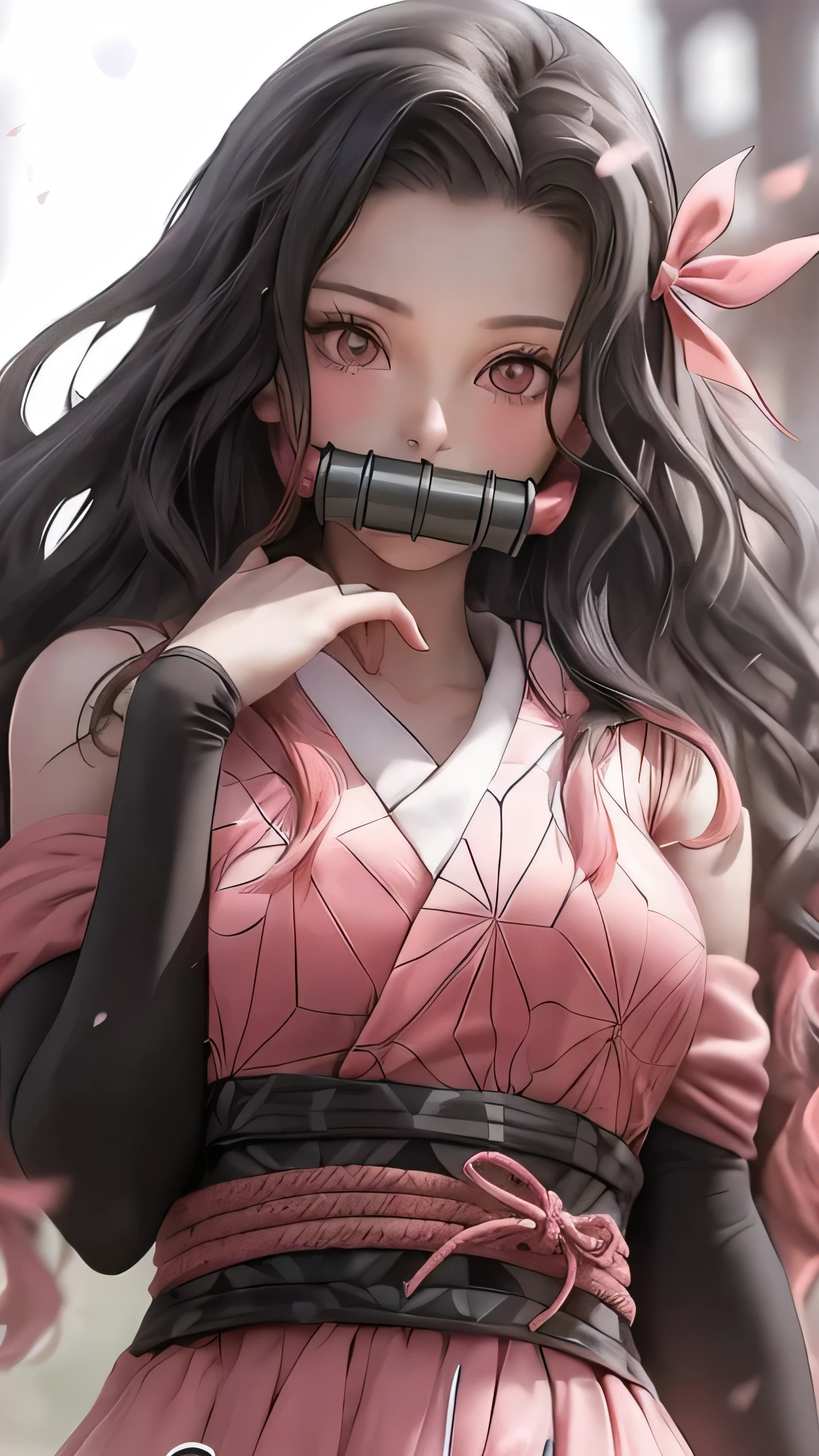 masterpiece, (pink kimono), seductive face, good lighting, décolleté, fine details, masterpiece, glowing eyes, 1girl, black hair, gag, bamboo, Nezuko Kamado, wisteria background, masterpiece, best quality, POV, whole body, wide hips,