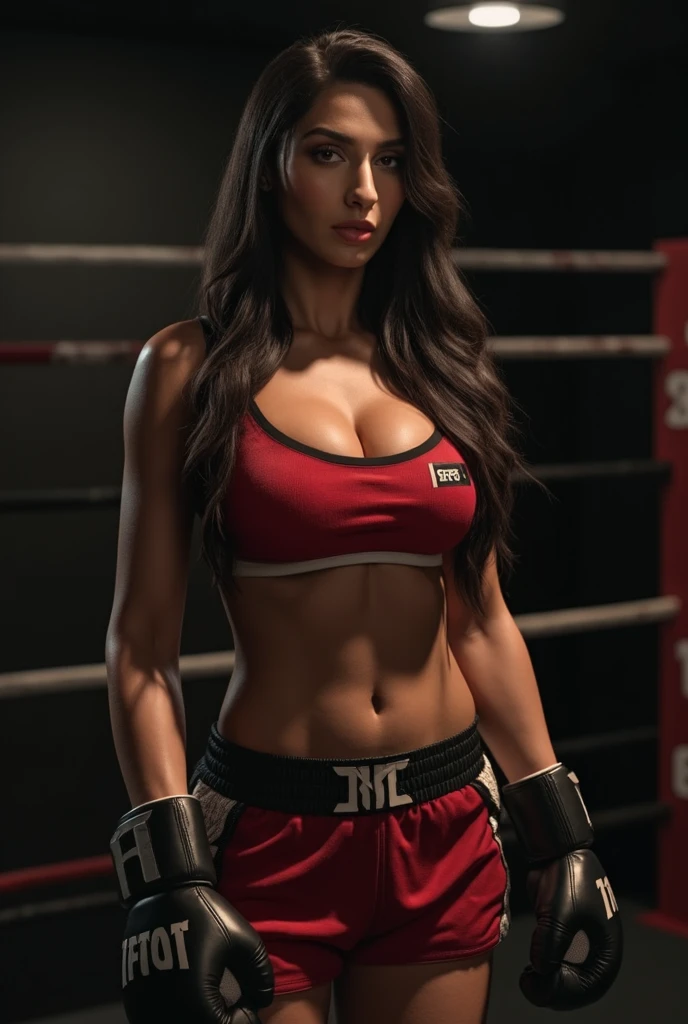 21 years old sporty woman, red shorts, red open jacket, black micro bra, fighting pose, voluptuous body, slim waist, large breasts, thick bust, thick thighs, full body, bob length hair, sweating, in boxing ring, black boots, choker necklace