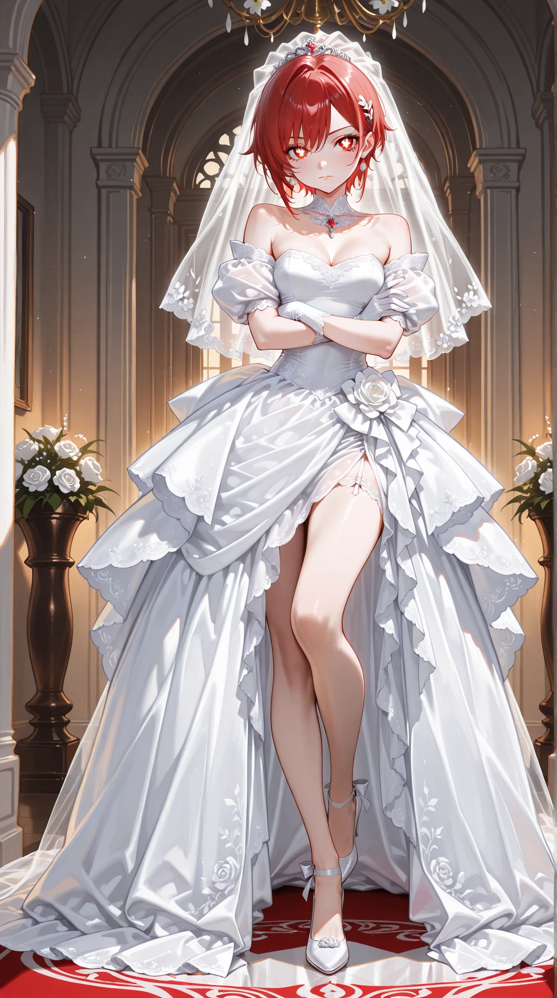 A girl, Wearing a wedding dress, White Wedding Dress, whole body, Slim, Long legs