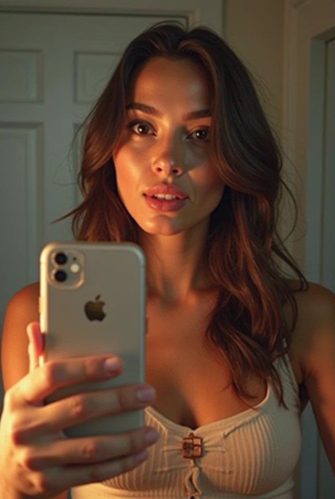 Une fille de 24 ans avec des cheveux noirs fait un selfie en robe blanche, iphone 15
La nuit dans sa chambre 