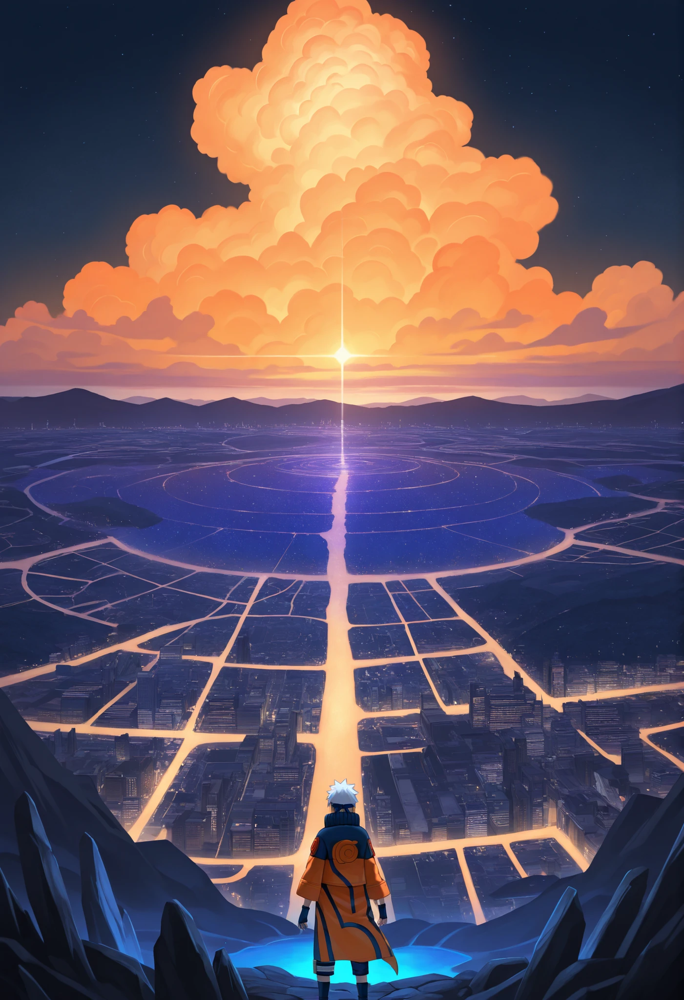 Hyperdetailed anime-style digital illustration. Вид сверху на огромный городской landscape ночью, bathed in thousands of windows and streetlights. In the foreground is a young man (Naruto) in orange-black clothes, standing on a rock , facing the city. sky, strewn with myriads of stars, with the pronounced turquoise-blue glow of the galaxy. game world and ie, reflections of light in the clouds. fantasy genre, landscape, city view, night sky
